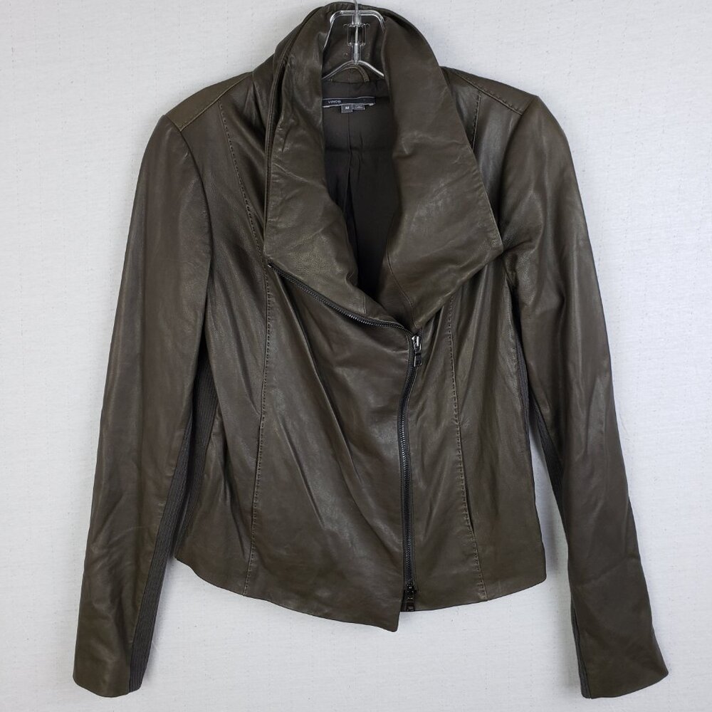 VINCE Leather Scuba Jacket Biker Lustrous Asymmetrical Minimalist Taupe Gray M - Picture 3 of 16